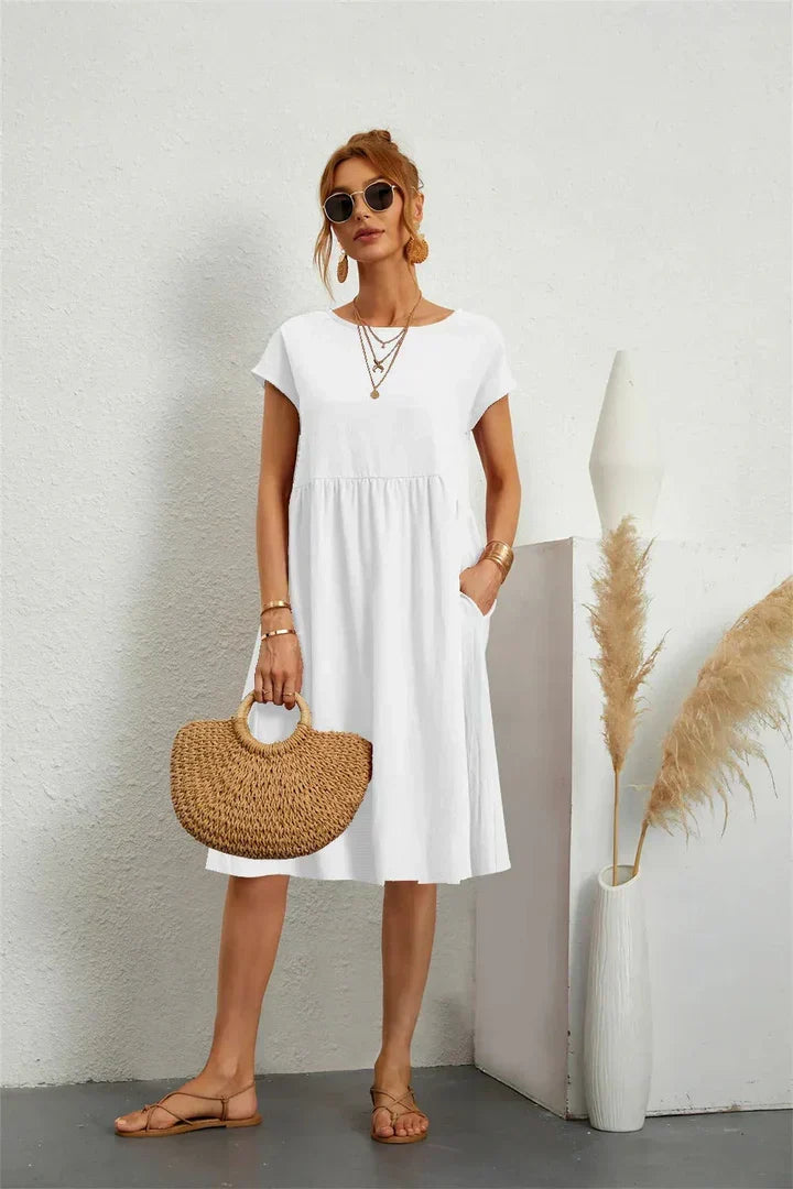Women's Casual Dress | Short Sleeve Midi with Side Pockets