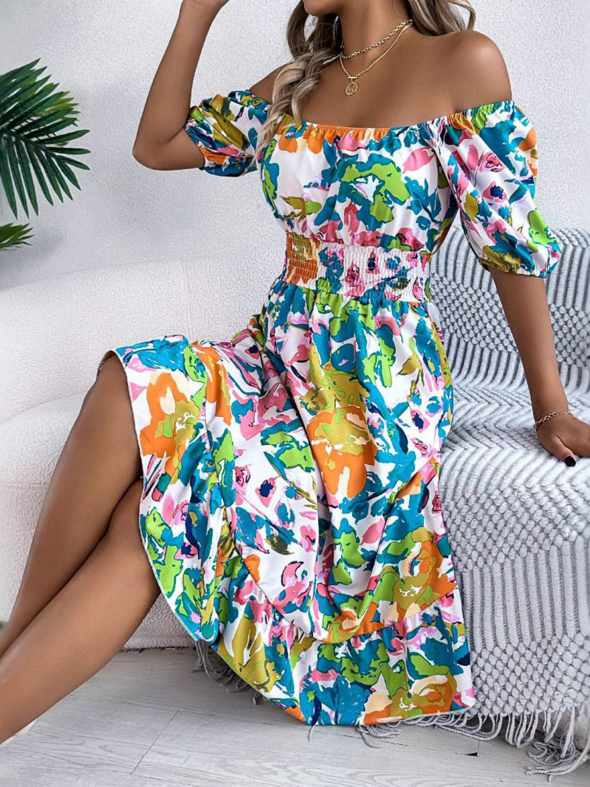 Women's Boho Dress | Off Shoulder Mini Smocked Waist