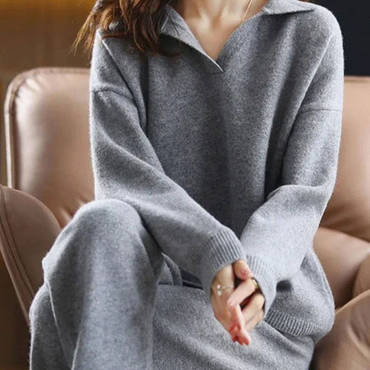 Caitlin | Women's Knit Two-Piece Lounge Outfit Set Relaxed Fit Sweater Trousers