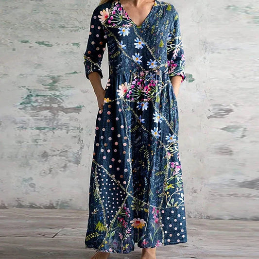 Women's Dress | Patchwork Maxi V Neck Long Sleeve