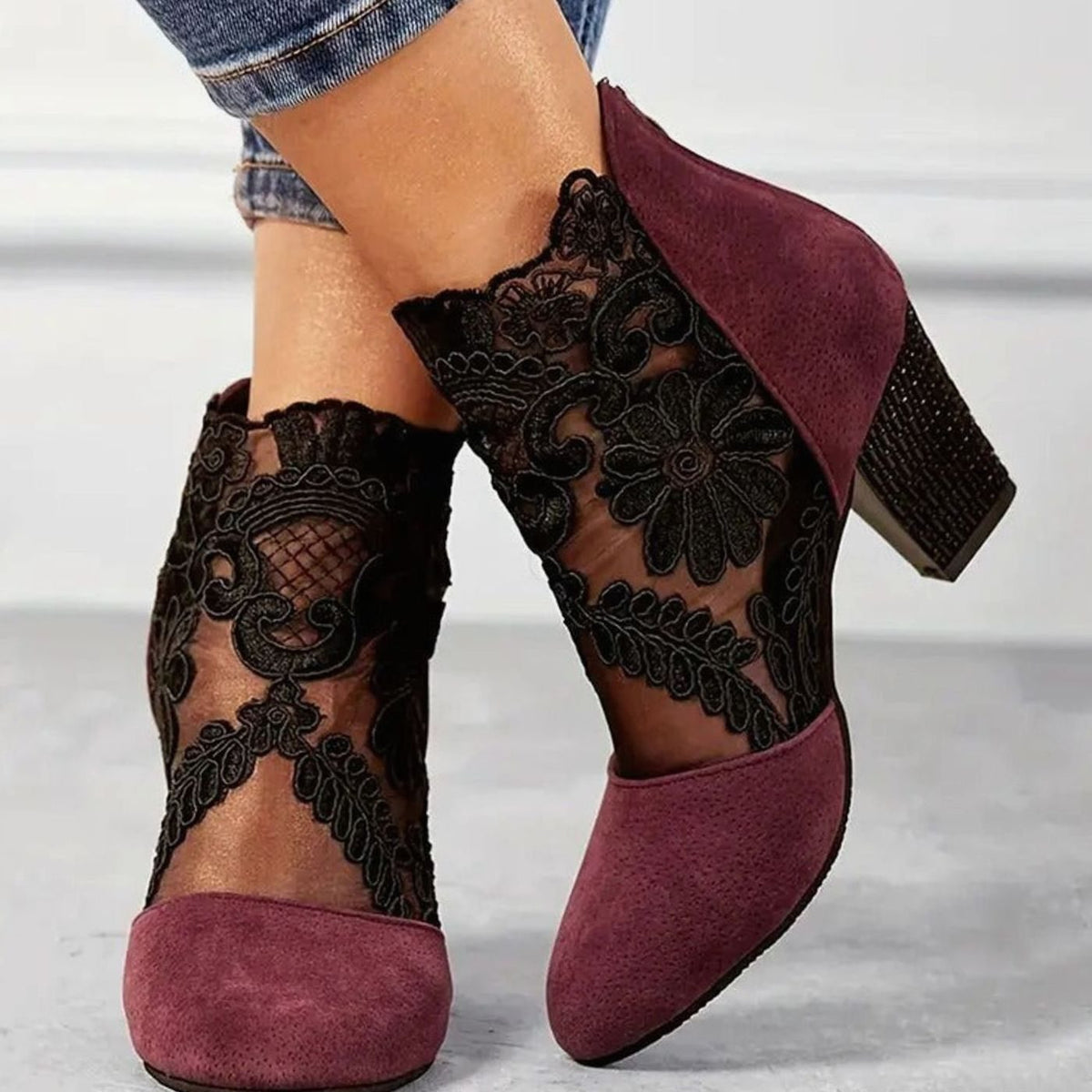 Fiona | Women's Floral Lace Ankle Booties Block Heels