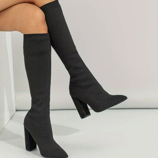 Grace | Women's Knitted Knee-High Sock Boots Block Heel Pointed Toe