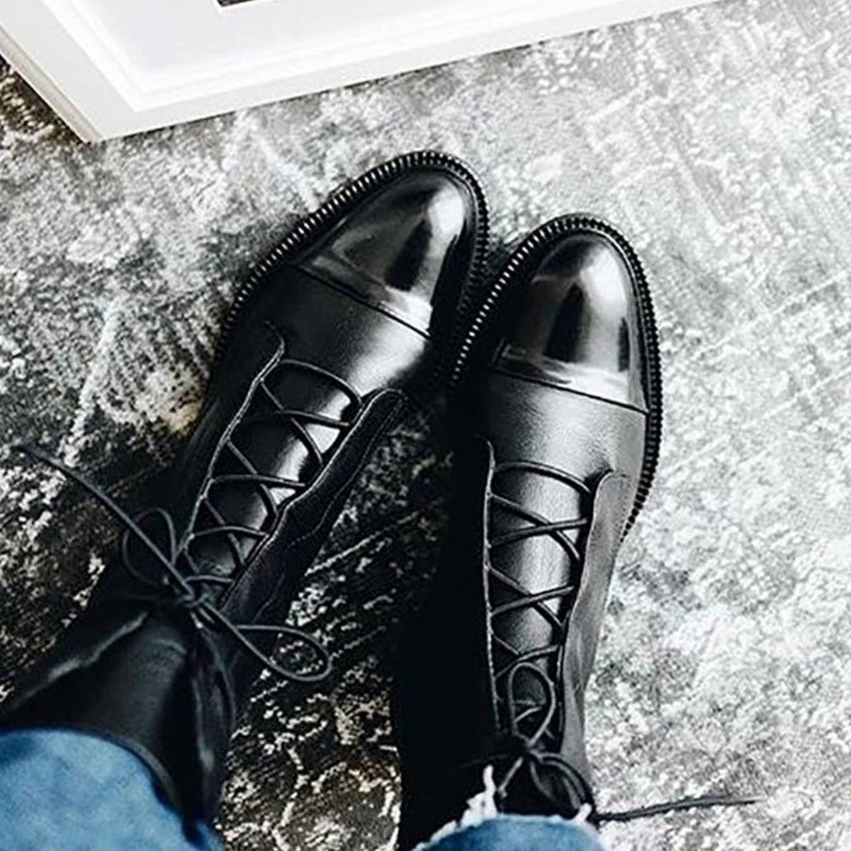 Irene | Women's Lace-Up Leather Ankle Boots Cap Toe Flat Sole