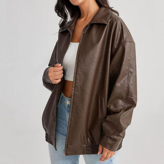 Juniper | Women's Oversized Relaxed-Fit Zip-Up Faux Leather Trendy Jacket