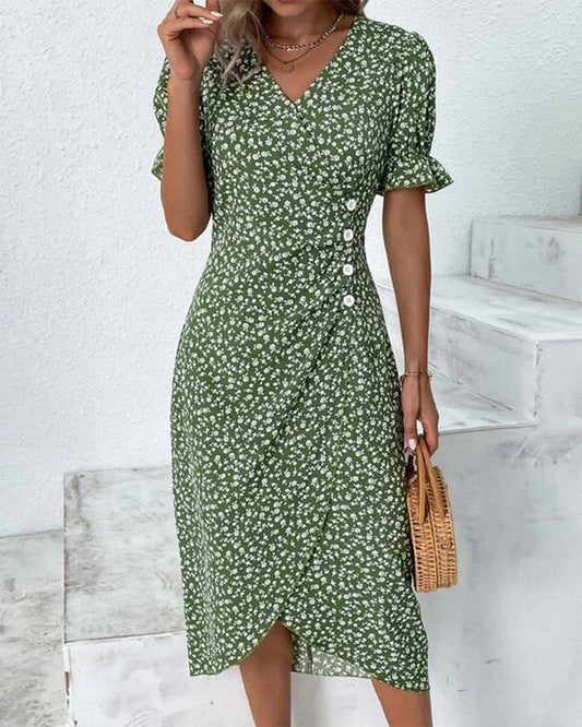 Women's Dress | V-Neck Wrap Short Sleeve Midi
