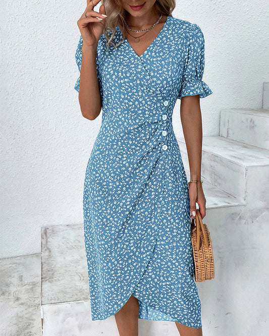Women's Dress | V-Neck Wrap Short Sleeve Midi