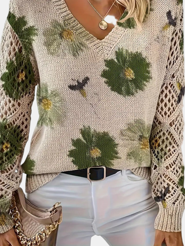 Women's Sweater | Floral Knit V-Neck