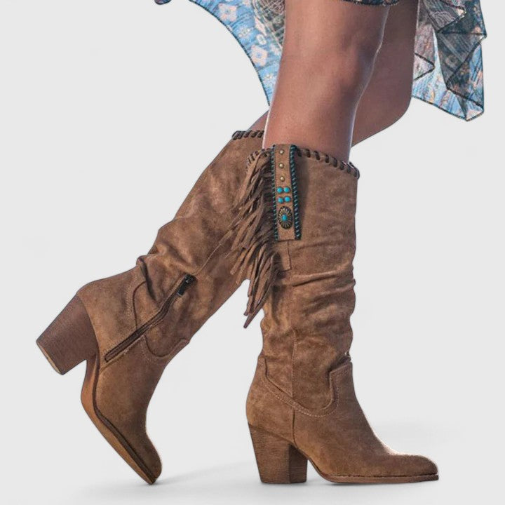 Boots For Women | Mid Calf Block Heel With Fringe Detail