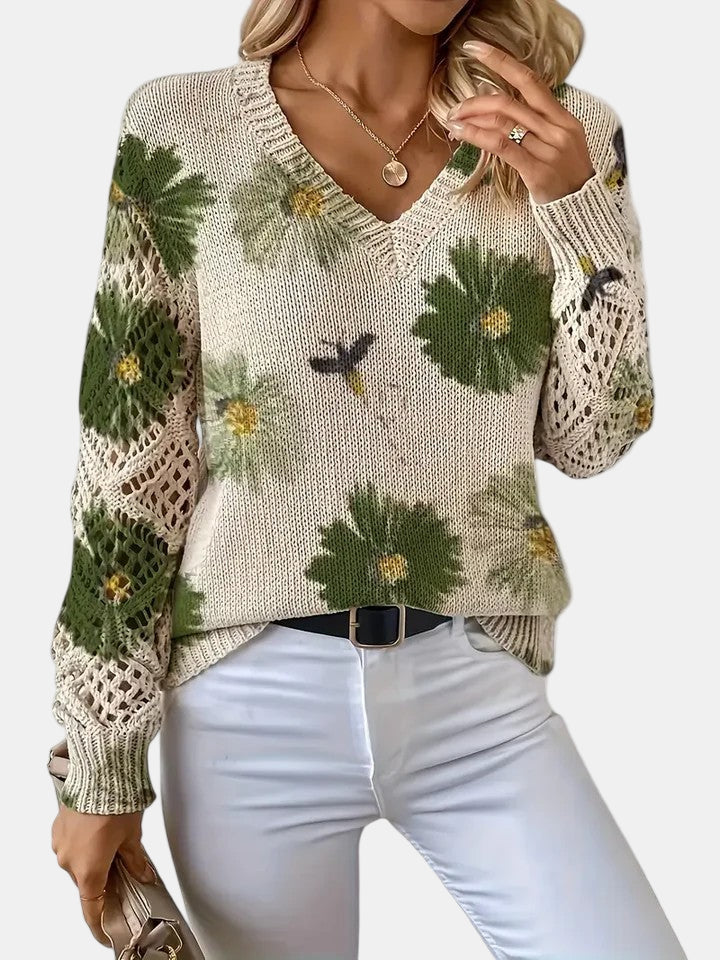 Women's Sweater | Floral Knit V-Neck