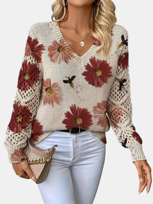 Women's Sweater | Floral Knit V-Neck