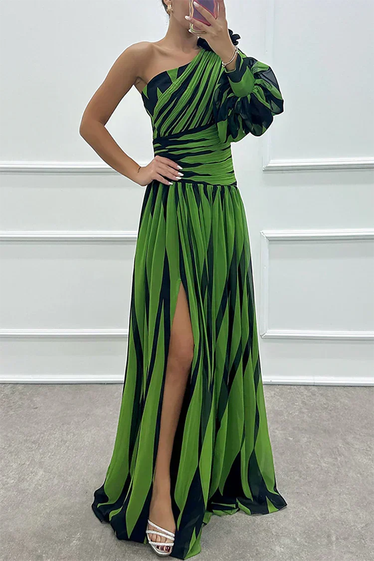 Women's Dress | Striped Maxi One Shoulder Slit