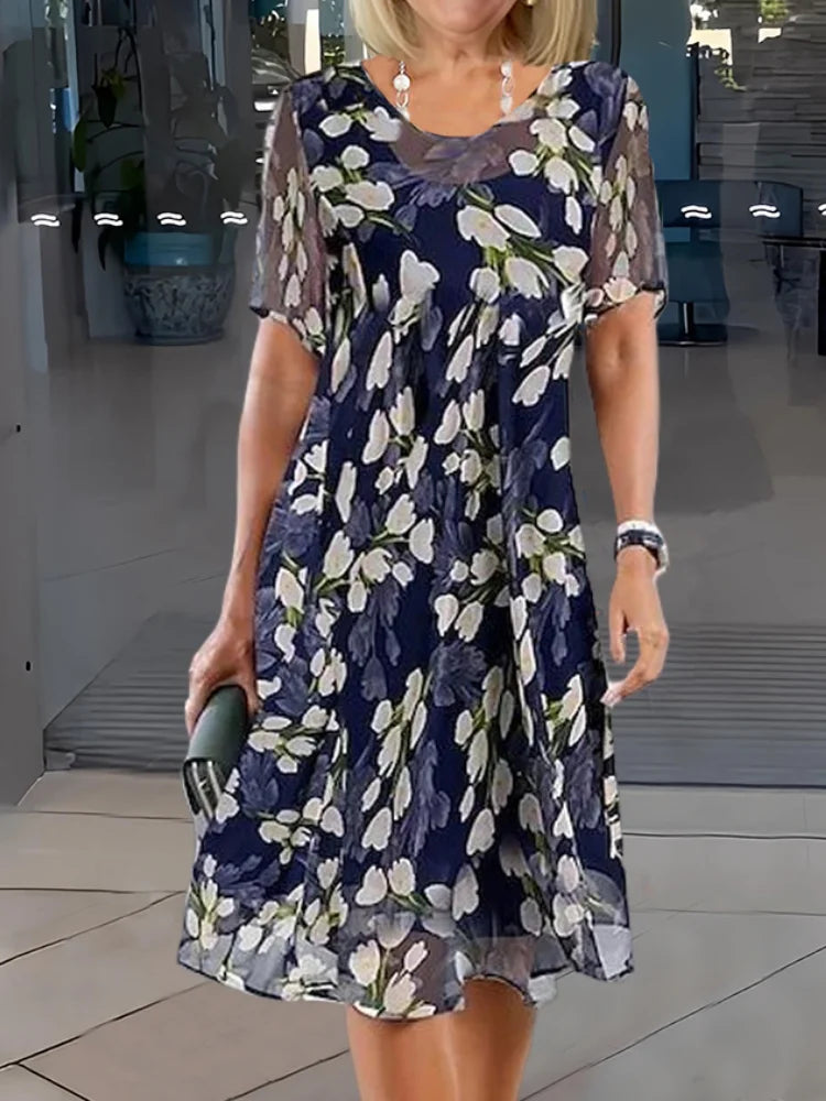 Women's Dress | Round Neck Short Sleeve Midi