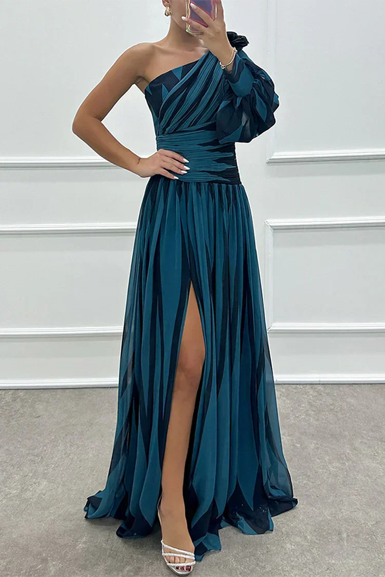 Women's Dress | Striped Maxi One Shoulder Slit