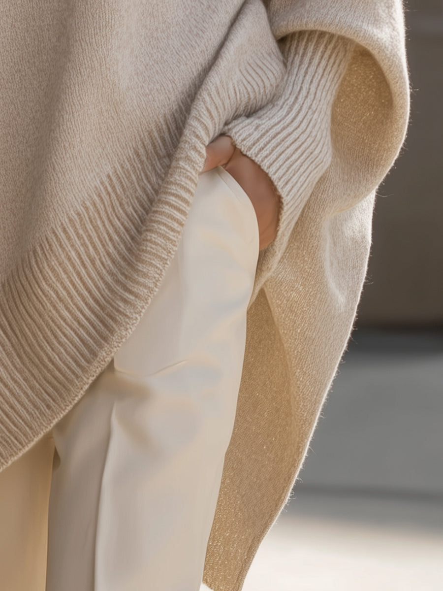 Women's Sweater | Oversized Poncho Ribbed Trim