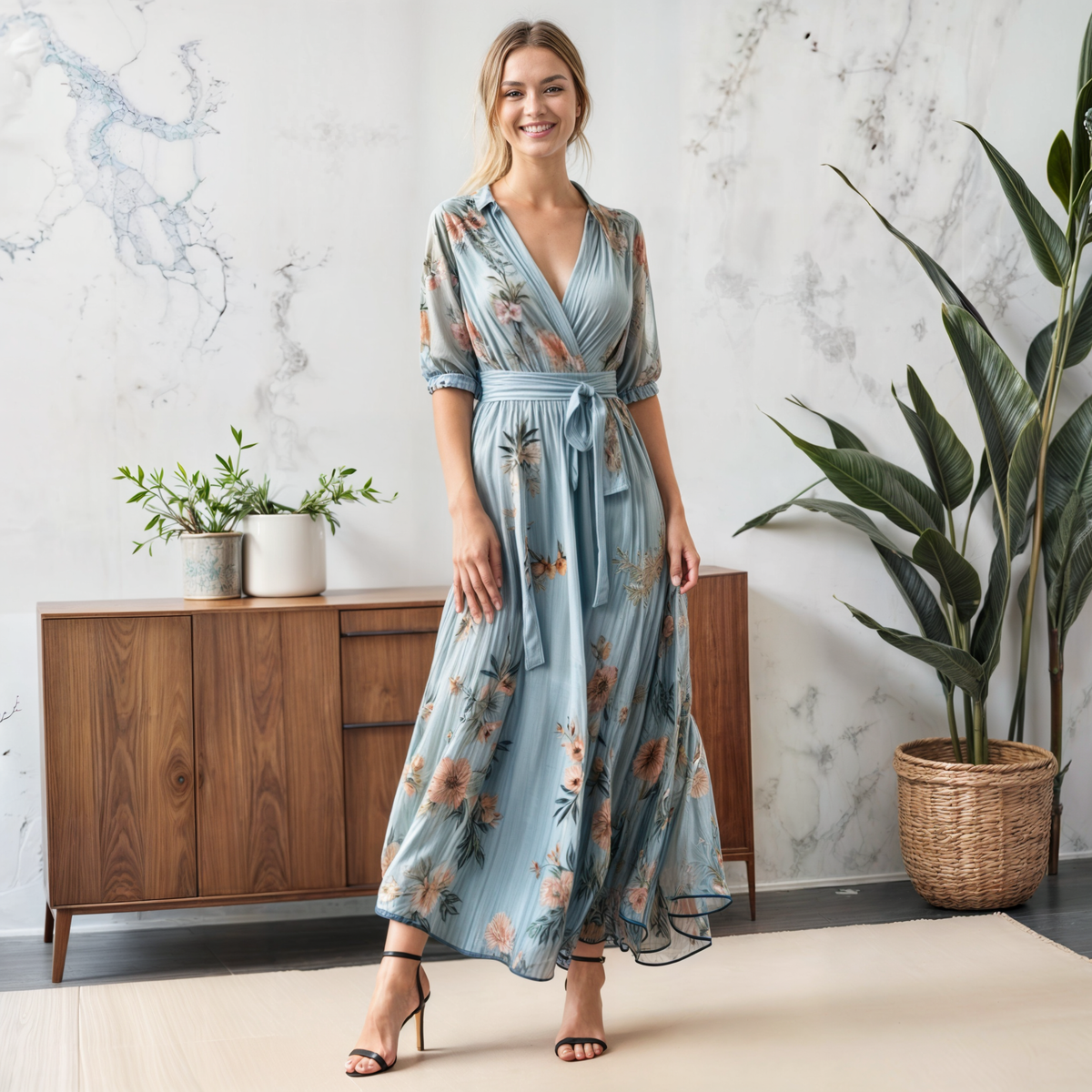 Women's Dress | Short Puff Sleeves Midi