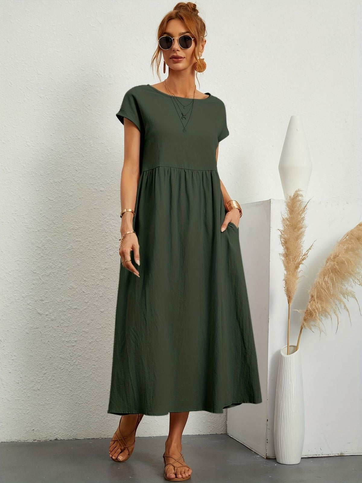 Women's Dress | Loose Maxi Round Neck Pocket