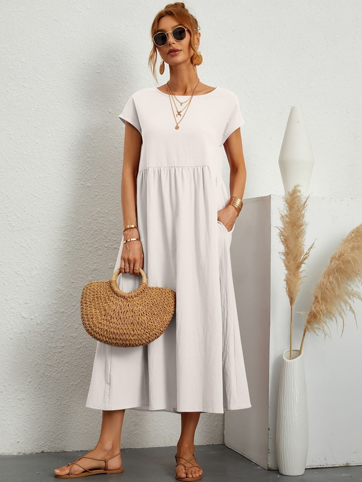 Women's Dress | Loose Maxi Round Neck Pocket