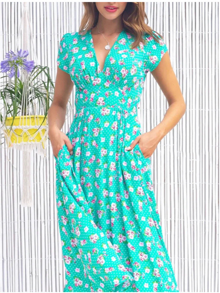 Women’s Dress | Floral V-Neck Midi Short Sleeves