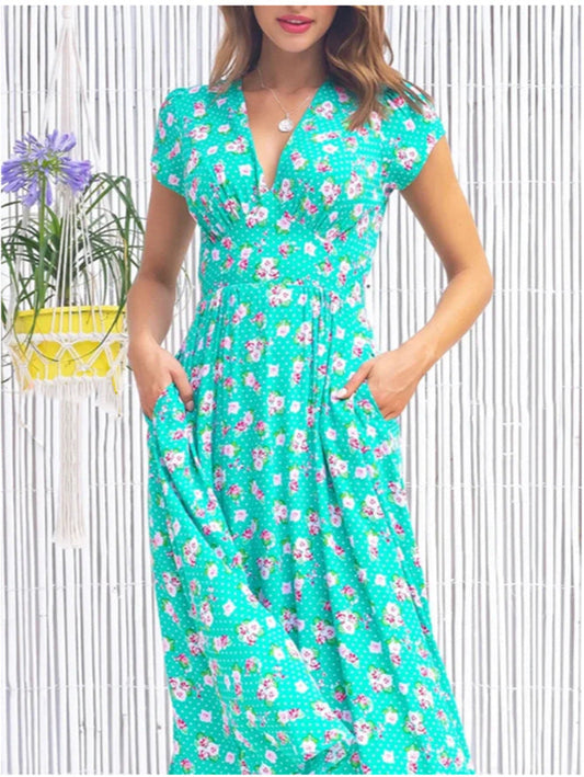 Women’s Dress | Floral V-Neck Midi Short Sleeves
