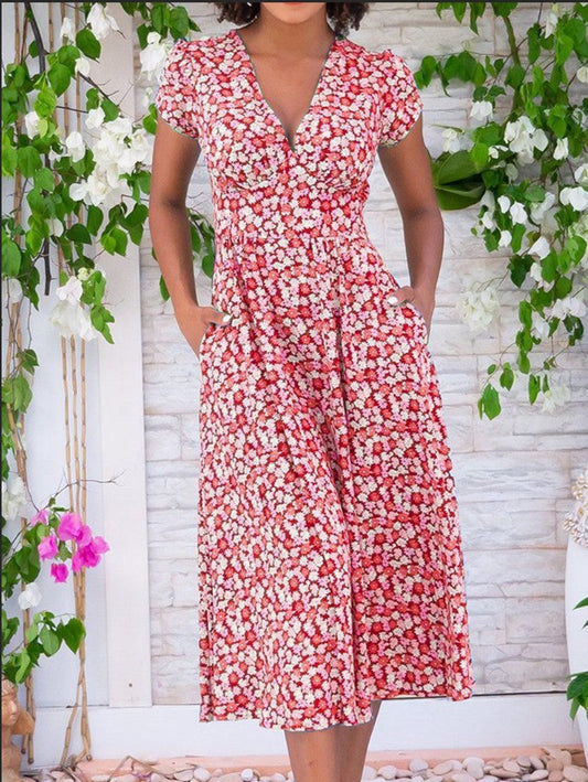 Women’s Dress | Floral V-Neck Midi Short Sleeves