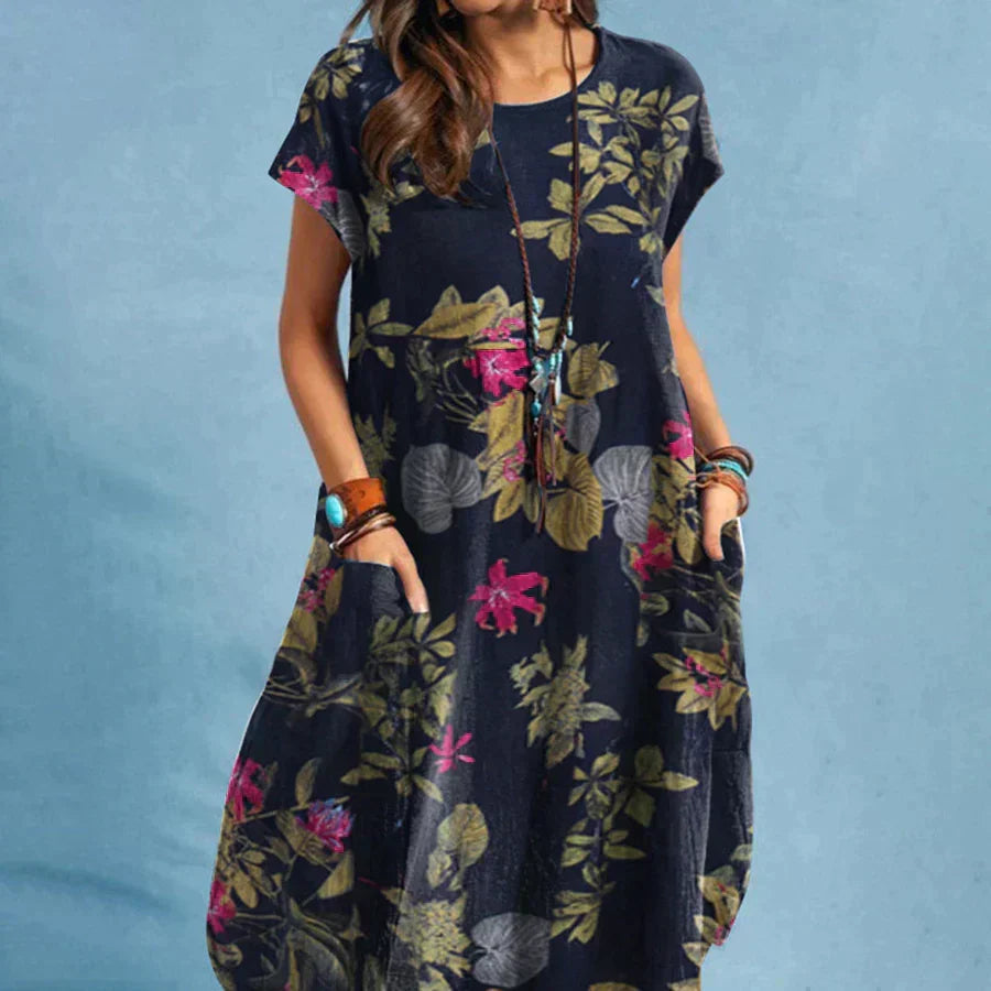 Women's Dress | Floral Pocket Loose Silhouette Midi