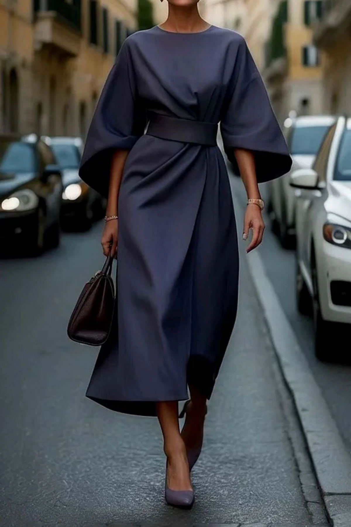 Women's Dress | Wide Sleeve Belted Round Neck Midi