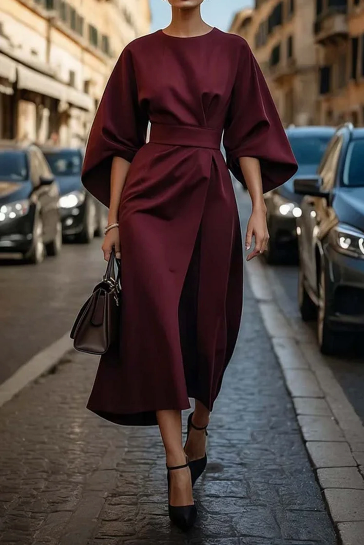 Women's Dress | Wide Sleeve Belted Round Neck Midi