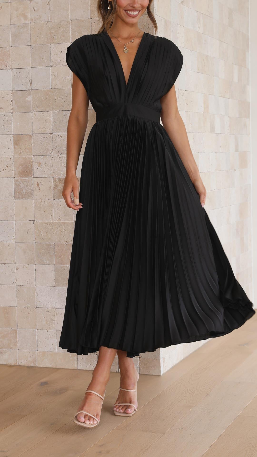 Women's Dress | Pleated Maxi V-Neck Tie Waist