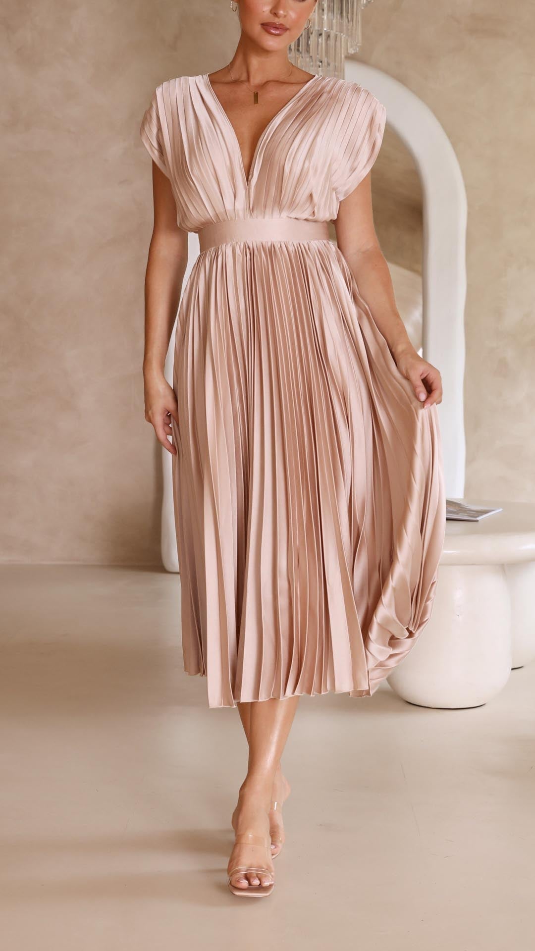 Women's Dress | Pleated Maxi V-Neck Tie Waist