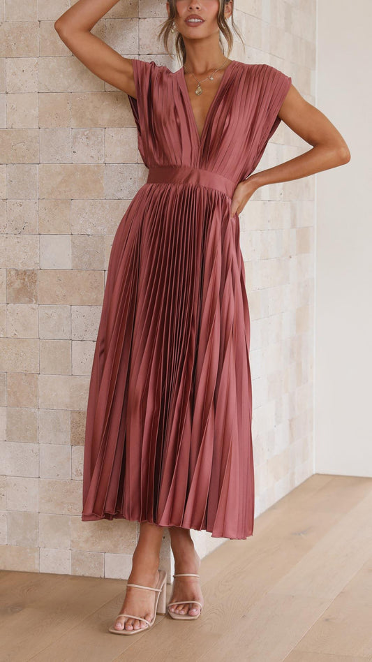 Women's Dress | Pleated Maxi V-Neck Tie Waist