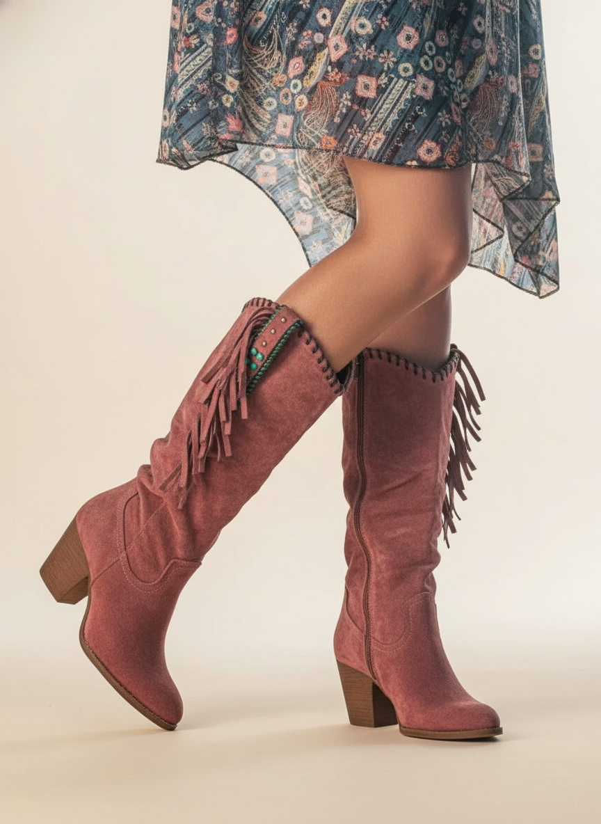 Boots For Women | Mid Calf Block Heel With Fringe Detail