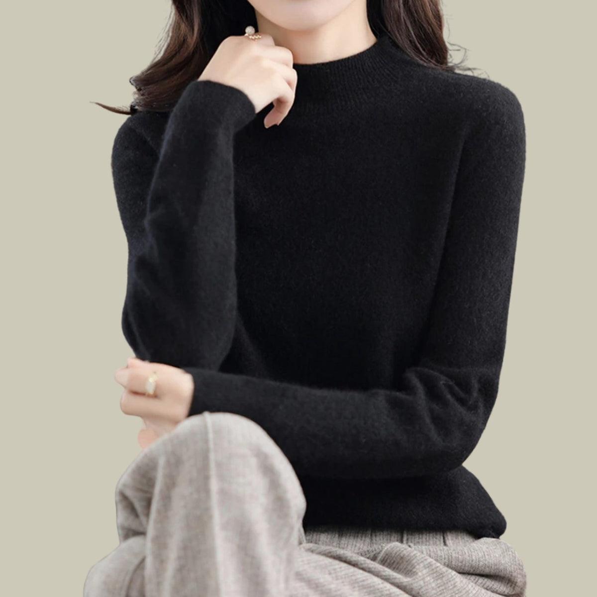 Anna | Women's Merino Wool Sweaters Mock Neck Relaxed Fit Knit Sweater