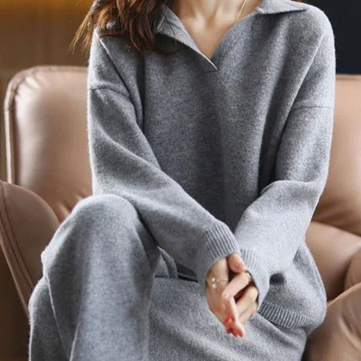 Caitlin | Women's Knit Two-Piece Lounge Outfit Set Relaxed Fit Sweater Trousers