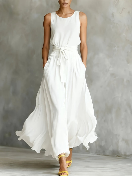 Women's White Maxi Dress | Sleeveless Belted A-Line