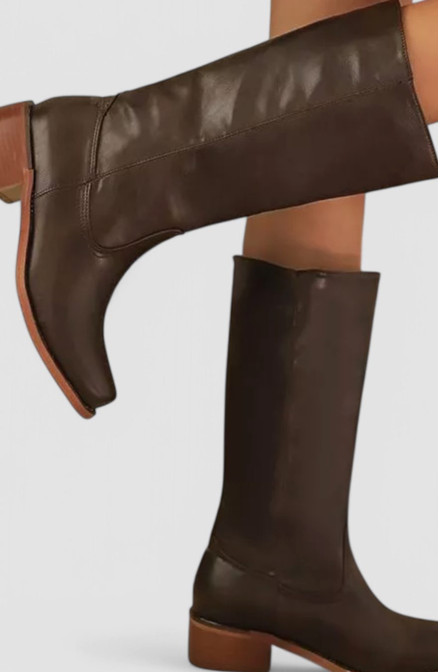 Geraldine | Women's Leather Look Stacked-Heel Knee-High Boots