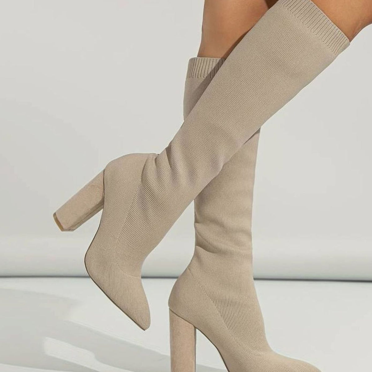 Grace | Women's Knitted Knee-High Sock Boots Block Heel Pointed Toe