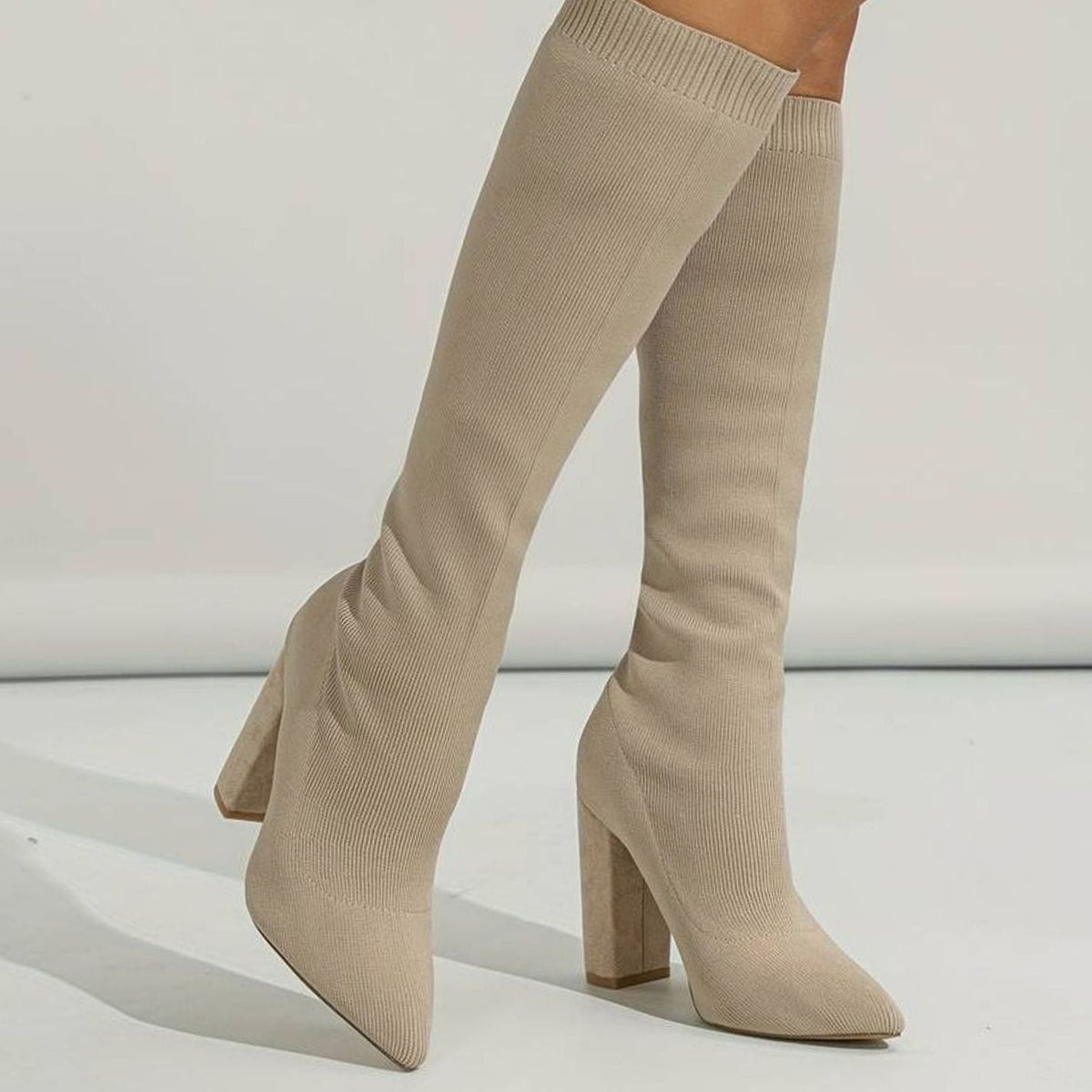 Grace | Women's Knitted Knee-High Sock Boots Block Heel Pointed Toe