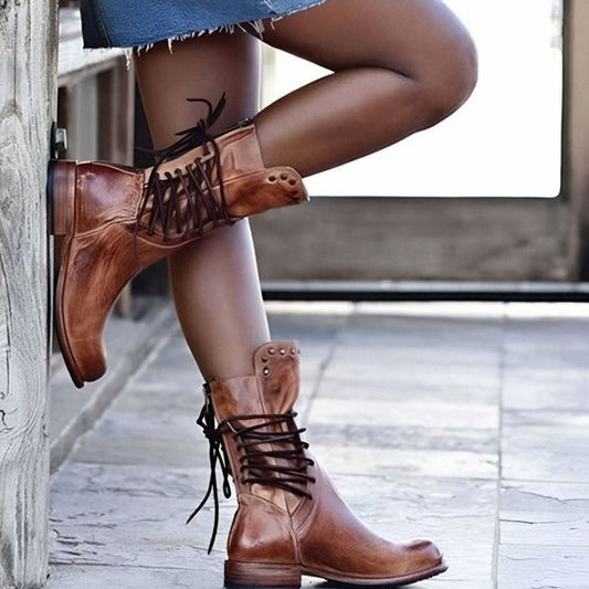 Heather | Women's Lace-Up Leather-Look Mid-Calf Ankle Boots
