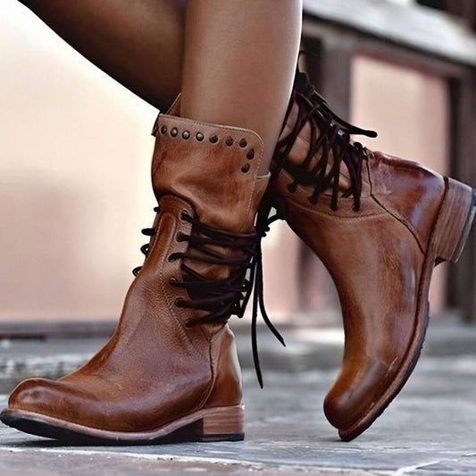 Heather | Women's Lace-Up Leather-Look Mid-Calf Ankle Boots
