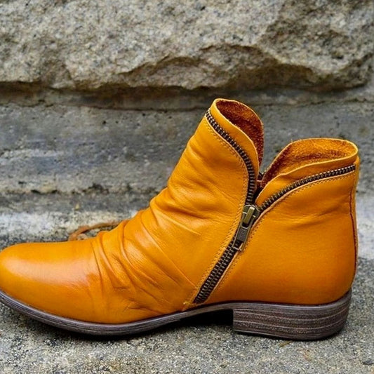 Holly | Women's Leather Ruched Side-Zip Low-Heel Ankle Boots