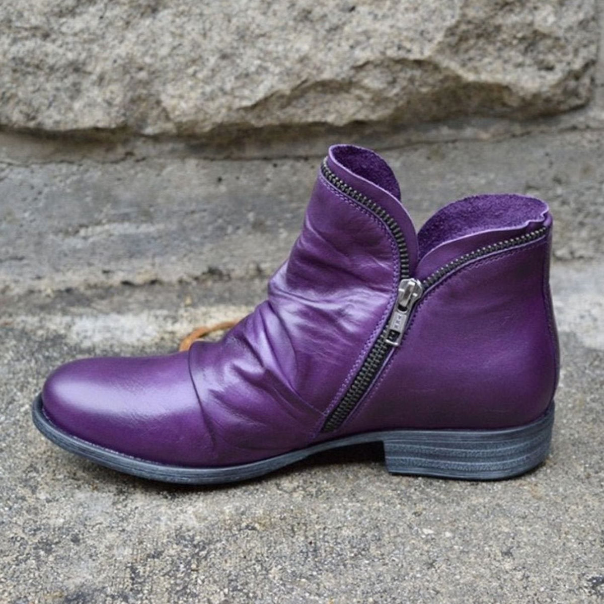 Holly | Women's Leather Ruched Side-Zip Low-Heel Ankle Boots