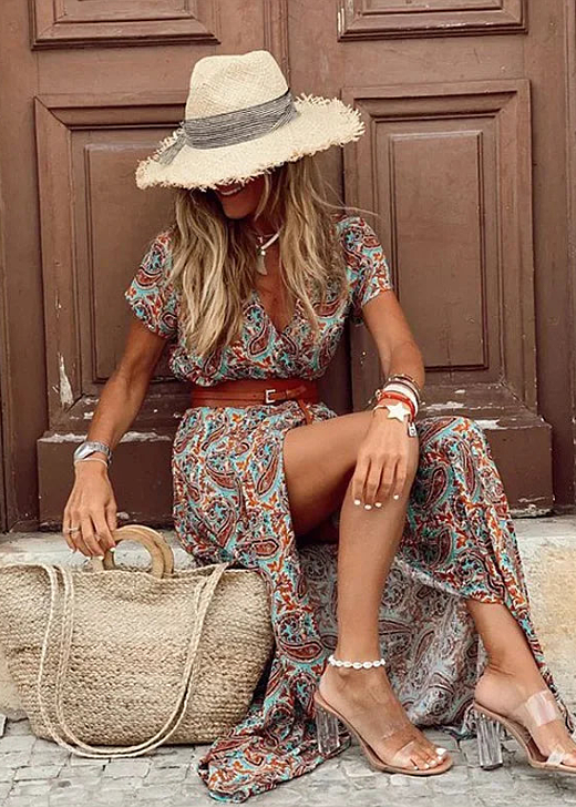 Women’s Dress | Boho V-Neck Maxi with Belt