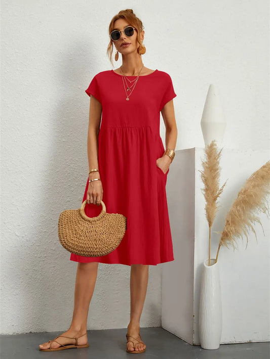 Women's Casual Dress | Short Sleeve Midi with Side Pockets