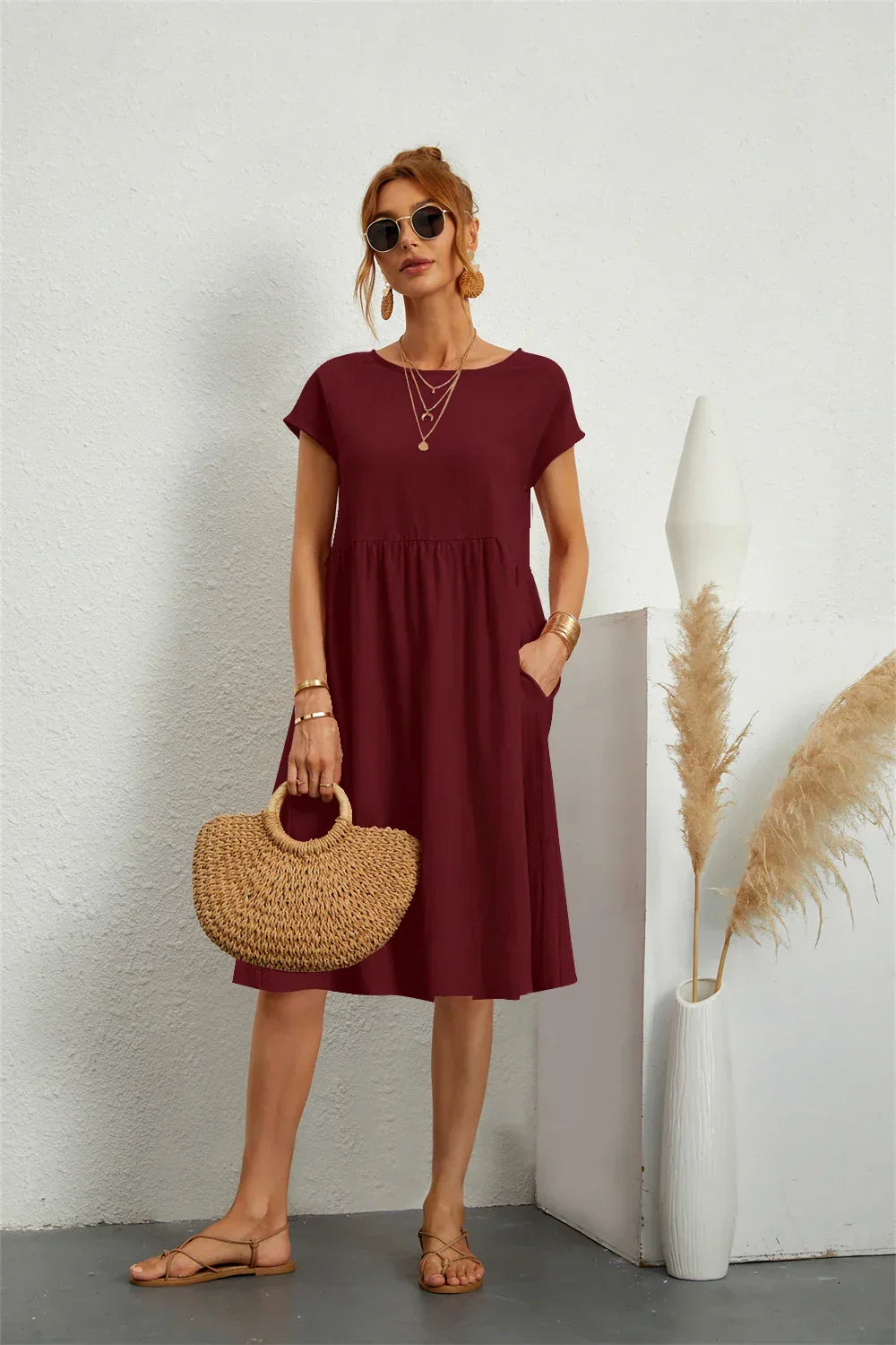 Women's Casual Dress | Short Sleeve Midi with Side Pockets