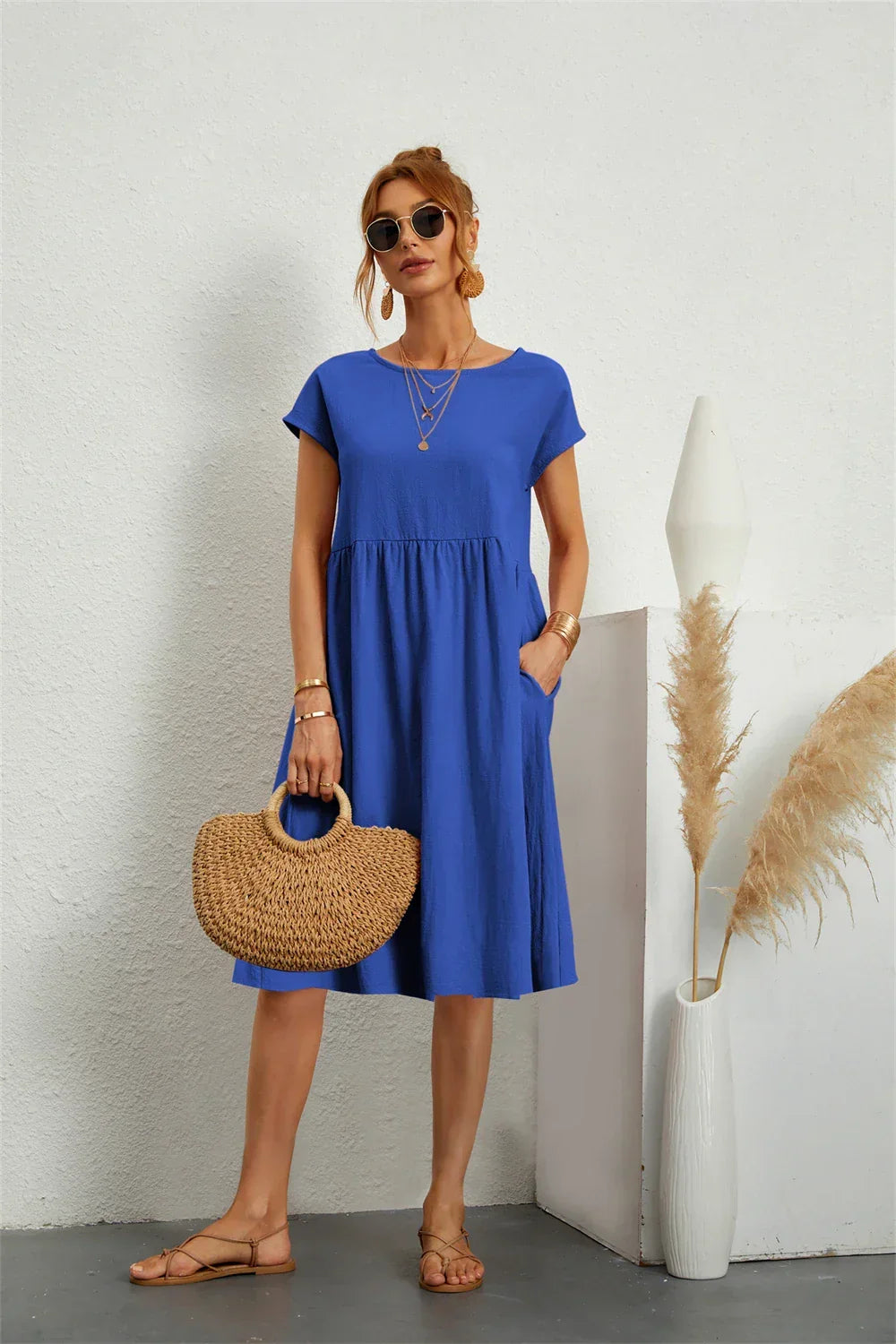 Women's Casual Dress | Short Sleeve Midi with Side Pockets