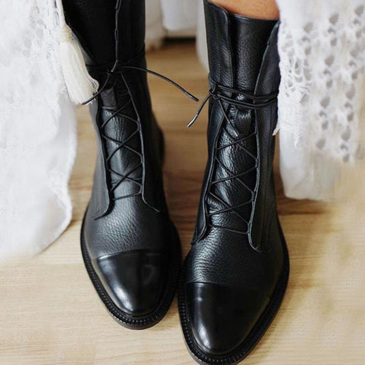 Irene | Women's Lace-Up Leather Ankle Boots Cap Toe Flat Sole