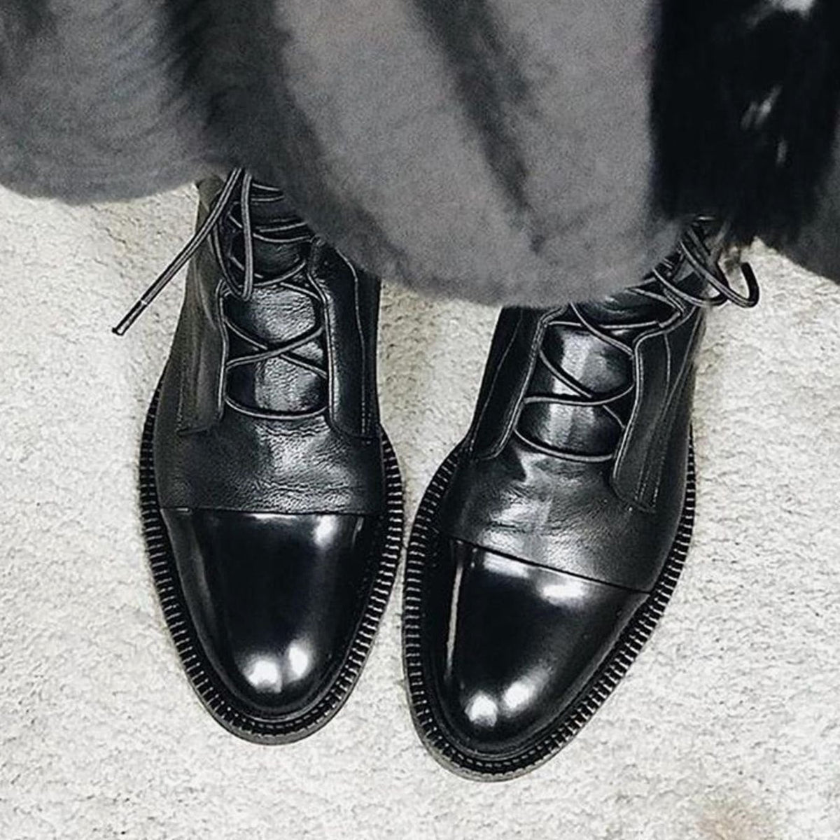 Irene | Women's Lace-Up Leather Ankle Boots Cap Toe Flat Sole