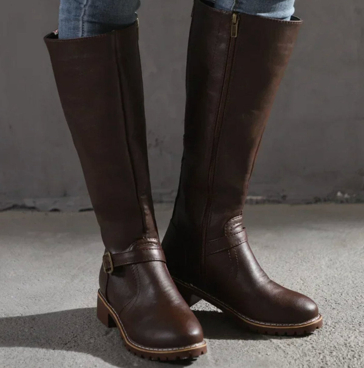 Jasmine | Women's Knee-High Block-Heel Buckle Strap Leather Boots