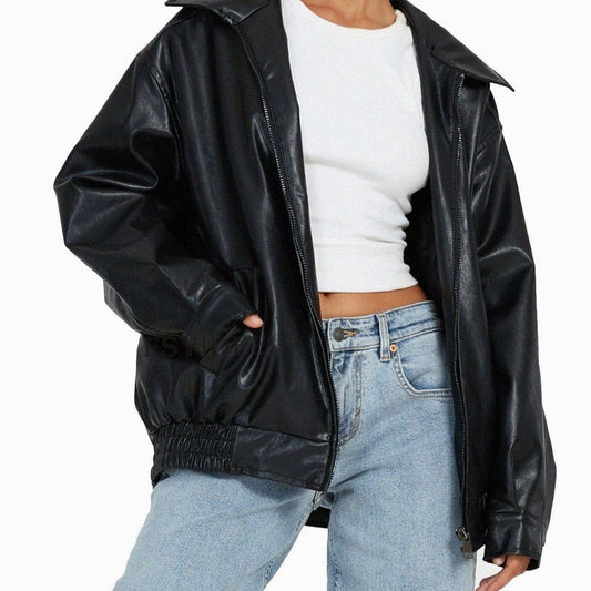 Juniper | Women's Oversized Relaxed-Fit Zip-Up Faux Leather Trendy Jacket