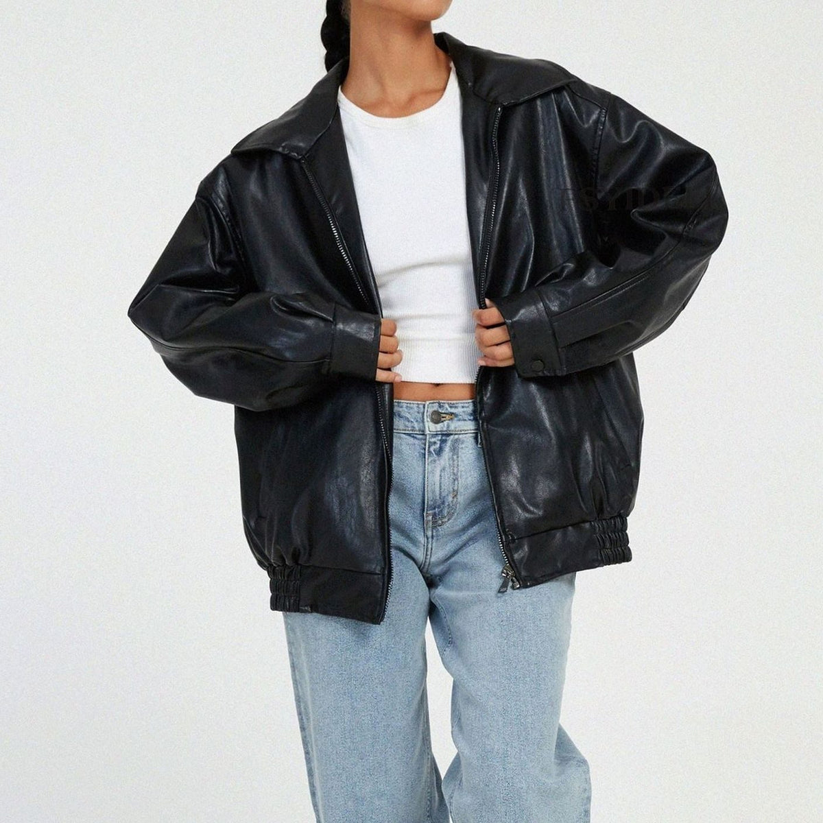 Juniper | Women's Oversized Relaxed-Fit Zip-Up Faux Leather Trendy Jacket